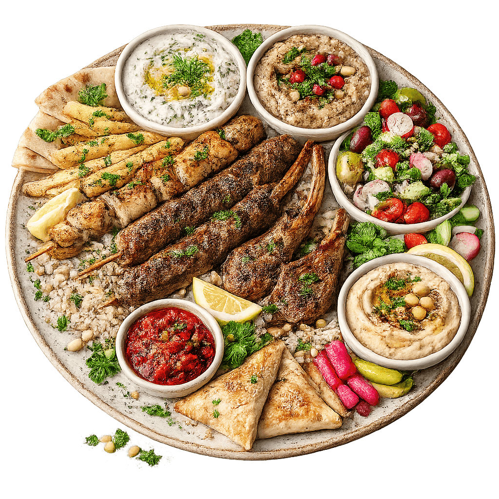 Mediterranean mixed grill platter with dips
